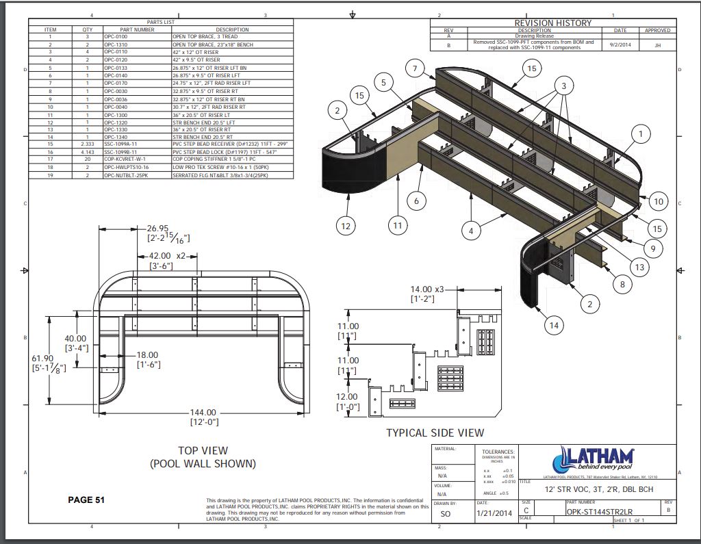 12' Straight Step Polymer 2'R 3-Tread w/ Double Bench
